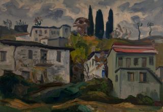 Zagora, View Toward the Cypresses, Overcast Sky — Oil painting, Canvas, 46.00×65.00cm — Theodoros Markellos